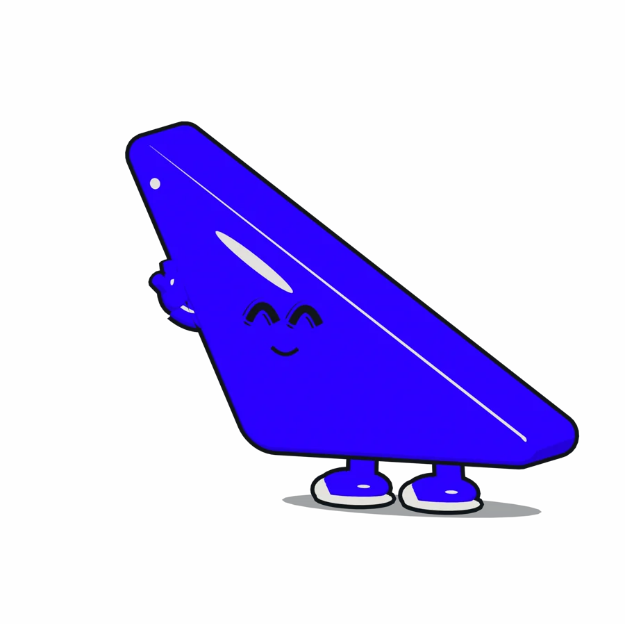 Ai, a blue triangle with short legs and sneakers, cheering